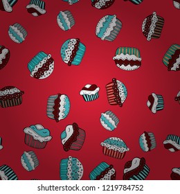 Cake muffin cute seamless pattern. Vector. Nice birthday pattern on red, white and blue. For food poster design.