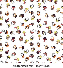 Cake muffin cute seamless pattern. Nice birthday pattern on white, black and beige. For food poster design. Vector.