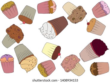 Cake muffins color set doodle
