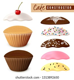 Cake muffins constructor. Designer options. Realism, isolated objects on white background, different types of glaze, colored sweet sprinkles, powdered sugar and cherry decoration. Vector