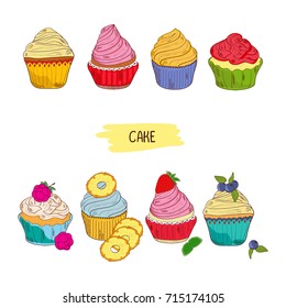 Cake. Muffins. Set. Different types. Sketch, doodle.