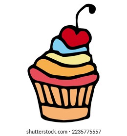 Cake with multi-colored cream and cherry. Hand Drawn. Freehand drawing. Doodle. Sketch. Outline.