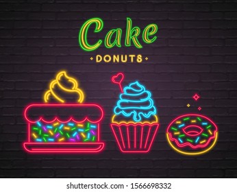 Cake Neon Light Glowing Vector Illustration Bright. Cup Cake and Donut  Neon Icon Silhouette. Sweet Illustration Bright Neon