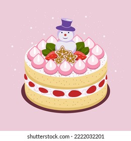 Cake for new year. Isolated design element on pink background with strawberries, snowman, mint, cream. Decorative object for festive menu, postcard, flyer, website, cooking, baking recipes.