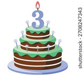 Cake with number three candle vector illustration isolated on white background