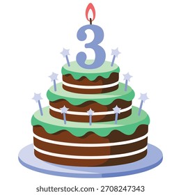 Pastel con la Ilustración vectorial de la vela número tres aislada en el fondo blanco