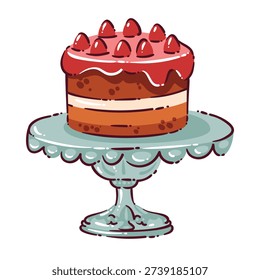 Cake on decorative stand for bakery and celebration theme. Layered cake with strawberry topping and glaze served on vintage cake stand. Doodle outline pastry icon, cartoon vector illustration.