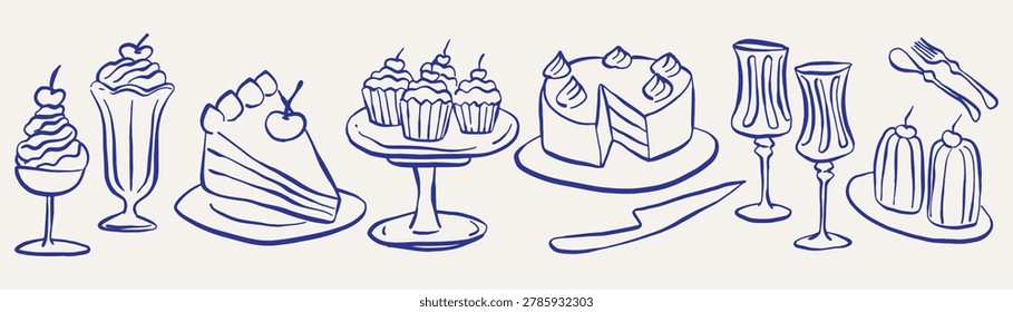 Cake on the dining table, a fancy dinner. set Doodle Sketch Vector ink style.