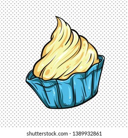 Cake on gray background. Pop-art vector illustration. Cupcake closeup