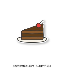 Cake on plate with cherry patch. Color sticker. Vector isolated illustration