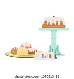 Cake on retro cake stand with bakery pastries on a plate. Gluten free food. Vector illustration