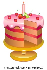 Cake on a cake stand. Cake cut without one piece - full color stock illustration Cake with lemon icing, candle, cherries, strawberries and lemon. Yellow and red on a golden platter stand.