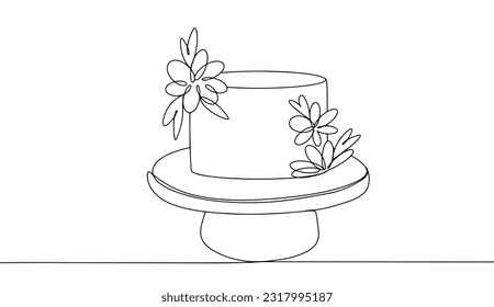 Cake on a stand decorated with flowers. International Cake Day. One line drawing for different uses. Vector illustration.