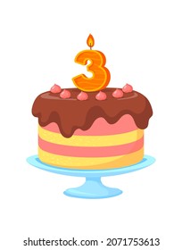 Toma en el puesto. Deliciosa pastelería con vela por la felicitación, vector de dibujos animados aislado en fondo blanco