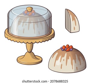 Cake on a cake stand with glass cover. Sweet delicious cake made of biscuit and cream decorated with chocolate and berries and cake slice. Retro style vector illustration, isolated on white background