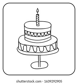 Cake on a stand  in hand drawn doodle style. Vector Isolated object on a white background.Holiday attributes for a birthday, wedding ,print, banner. 