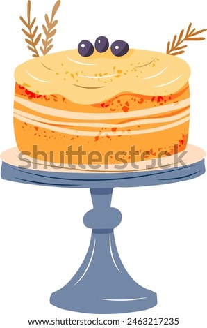 Cake on a cake stand. Hand drawn illustration with grainy texture. Flat style vector