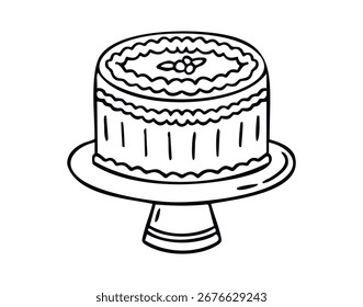 Kuchen auf Standlinie Kunstkontur, monochrom handgezeichnet. Vektorgrafik.