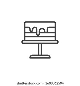 Cake on stand line icon. linear style sign for mobile concept and web design. Cake tray outline vector icon. Bakery symbol, logo illustration. Vector graphics