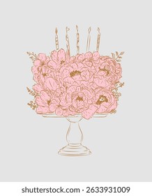 Cake on stand made with flowers and candles drawing in floral style on beige background
