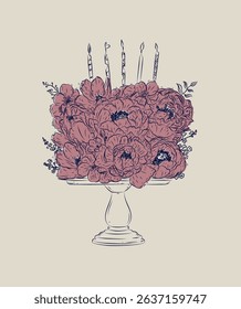 Cake on stand made with flowers and candles drawing in floral style with red and blue on beige background