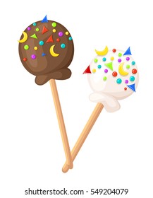 Cake on a stick Colorful cake pops set. Sweet cookies on stick. Decorated sweets. Caramel chocolate vanilla bakery.