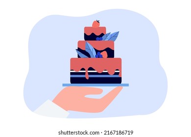 Cake on tray in hands of pastry chef flat vector illustration. Confectioner making festive three-tiered cake with berries. Bakery, occupation concept for banner, website design or landing web page