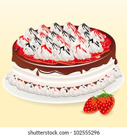 The cake on white dish - strawberry, chocolate and whipped cream.