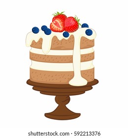 cake on a wooden stand with berries