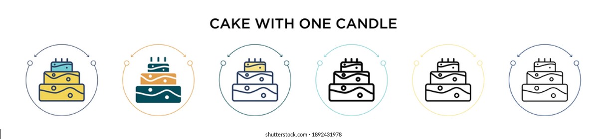 Cake with one candle icon in filled, thin line, outline and stroke style. Vector illustration of two colored and black cake with one candle vector icons designs can be used for mobile, ui, web