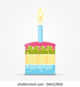 Cake with one glowing candle, flat style illustration
