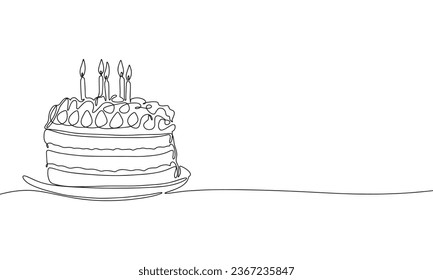 Cake one line continuous. Cake with candles line art. Outline Happy Birthday cake. Vector illustration.