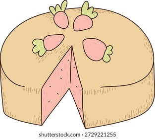 Pastel con una rebanada cortada, esponja punteada y tres toppers de fresa, líneas dibujadas a mano y sombreado suave. Símbolo de celebración, antojo de postre, dulzura y regalo de fiesta. Ilustración vectorial de dibujos animados.