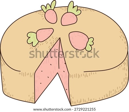 Cake with one slice cut, dotted sponge and three strawberry toppers, hand drawn lines and soft shading. Symbol of celebration, dessert craving, sweetness, and party treat. Cartoon vector illustration.