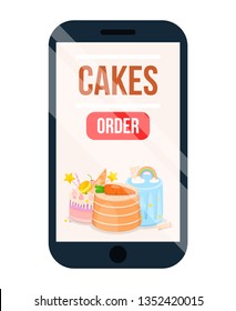 Cake Online Order Poster Vector Illustration. Smartphone Screen with Restaurant Menu, Shopping Pastry on Mobile Application. Tasty Pie Delivery Service Icon. Sweet Choice Bakery via Internet.