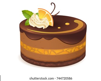 Cake with orange and chocolate isolated on white background. Vector illustration
