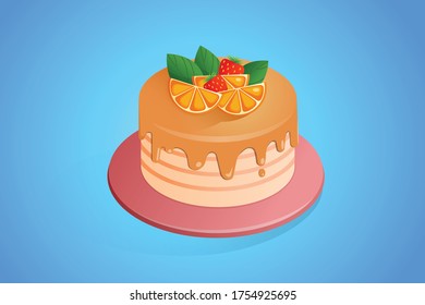 Cake with orange of orange color. Vector flat illustration of cake with oranges.