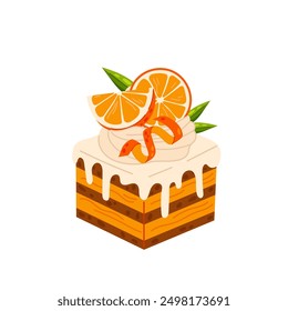 Cake with orange slices and zest in flat style. Orange dessert, orange pie. Sweet orange cake in flat style.