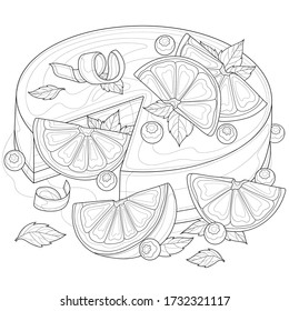 
Cake with oranges, blueberries, mint and chocolate.Tasty sweets.Coloring book antistress for children and adults. Zen-tangle style.Black and white drawing