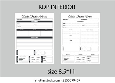 Cake Order Forms Logbook KDP Interior. Cake business order tracker and customer information checker template. Printable organizer, planner, notebook, mood diary