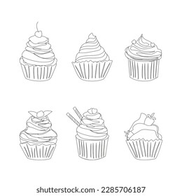 Kuchenumriss. Verschiedene Kuchen. Köstliche und süße Speisen für Feiern Skizze. Speisekarte des Restaurants schlichte Dekoration. Muffin-Kollektion. Sketch-Illustration.