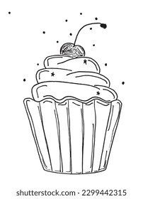 Cake outline illustration image. 
Hand drawn image artwork of cake. 
Simple cute original logo of a monochrome cake.
Hand drawn vector illustration for posters, cards, t-shirts.