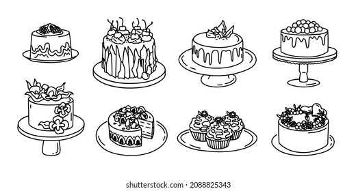 Cake outline. Party dessert. Menu design for the restaurant. Isolated contour element for the menu. Vector illustration