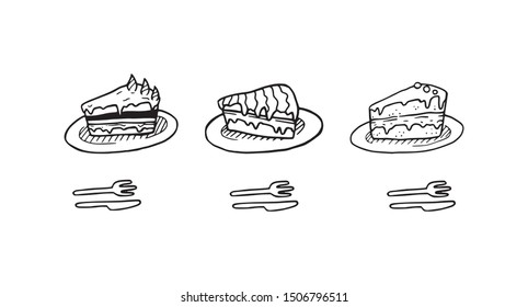 Cake outline set vector illustration with cutlery arranged in a line simple drawing. Different sweet and nice cakes on a plate served black sketch on a white background silhouette. Restaurant catalog.