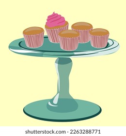 cake pan with cupcakes in semi realistic style. glass stand on a leg for cake. dishes in vector. 