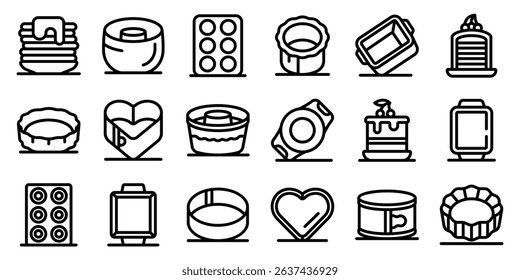 Cake pan icons set. Collection of baking molds and other tools used for creating cakes, pastries and other sweet treats