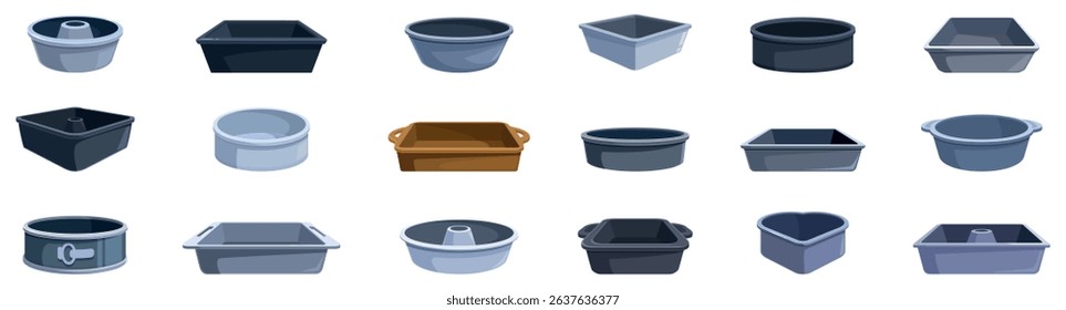 Cake pan icons set. Different shapes and sizes of baking molds offer a wide range of possibilities for preparing cakes, pastries, and other baked goods