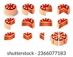 Cake parts. Isometric pie slices constructor, cartoon whole cakes cut on piece with creamy topping, pies fractions sliced pastry food, bakery desserts garish vector illustration of pie cake dessert