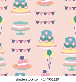 Cake and party elements in a seamless pattern design, that can be used both on the web or in print for surface design