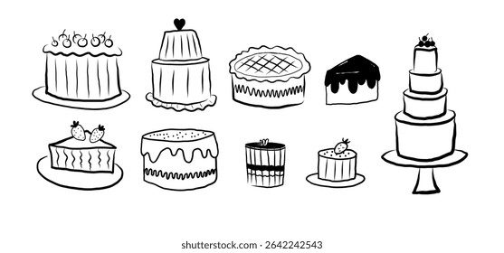 Bolo doces pastelaria vetor doodle.  Esboço com doces produtos alimentares massa em fundo isolado.  Design para padaria, menu, cartão, impressão, logotipo. Gráficos com chocolate, cremoso, bolos festivos